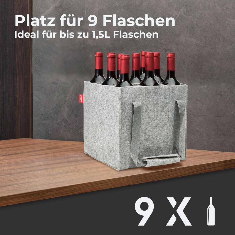 achilles Flaschentasche mit 9 Fächer, Auch für 1,5 Liter Flaschen, Flaschen Tasche aus Filz, 100% re