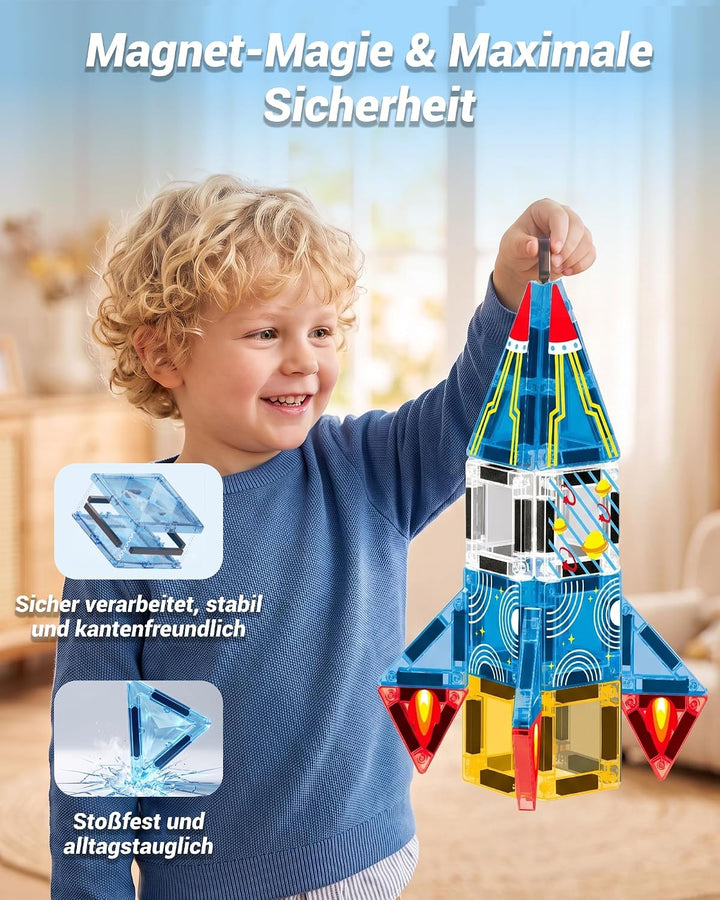Mini Magnetische Bausteine Reiseset mit Metallbox, 39 Teile Magnetbausteine Rakete, Rakete