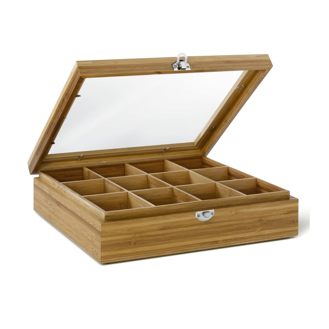 Bredemeijer grosse helle Holz Teebeutel-Kiste mit 12 Fächer und Sichtfenster 28 cm lang Wooden Tea B