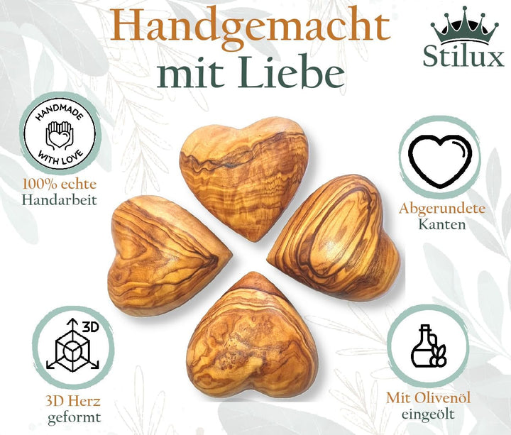 Stilux 2er-Set Herz Handschmeichler aus sehr schön gemasertem Olivenholz 7 cm | Glücksbringer Deko H