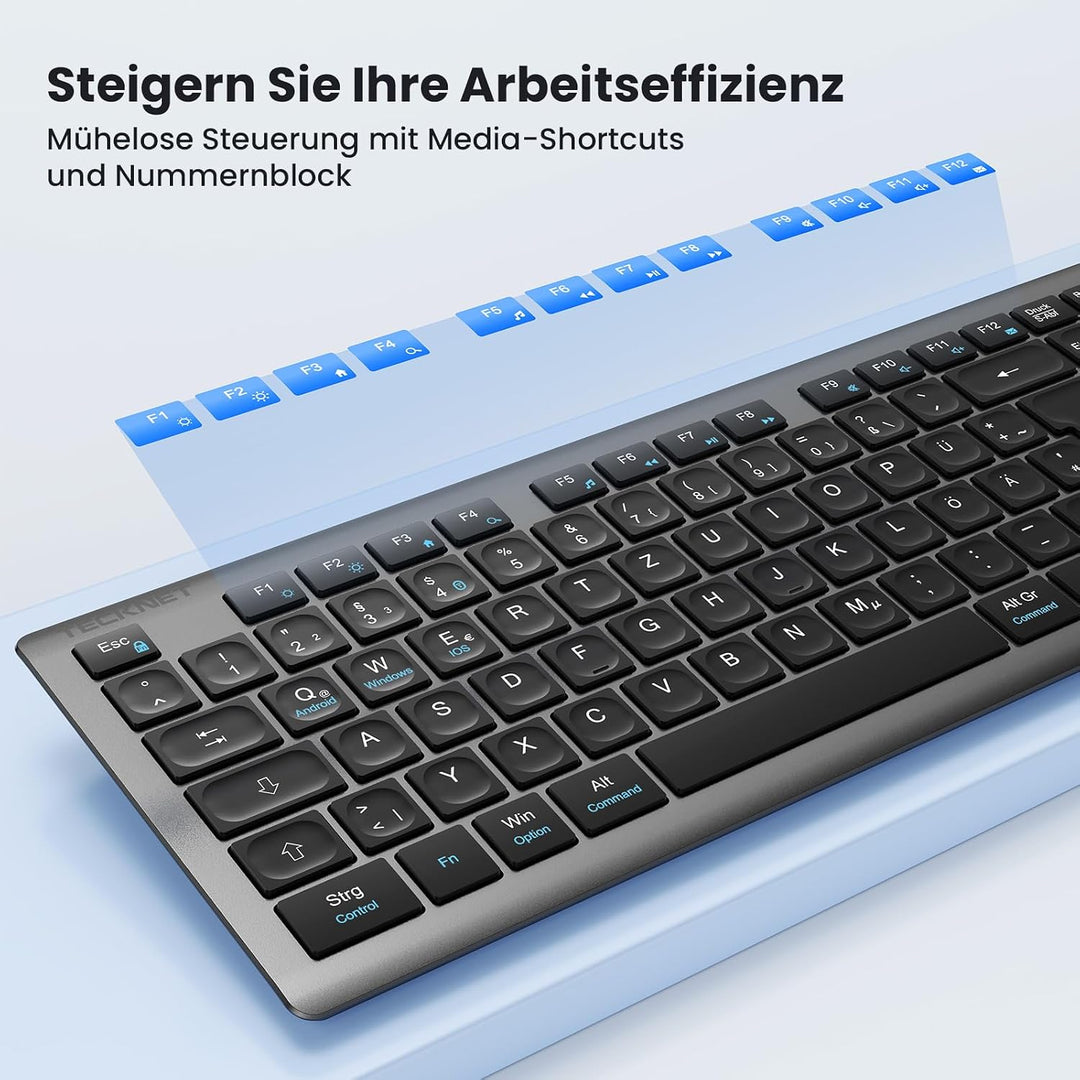 TECKNET Tastatur Maus Set Kabellos, 2.4G Wiederaufladbare Maus und Tastatur | Fullsize Deutsch QWERT