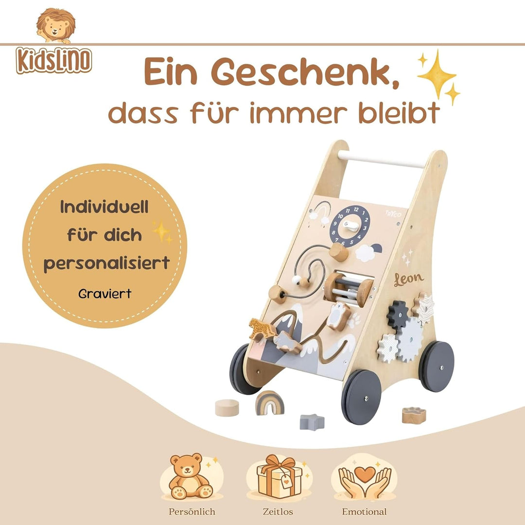 Personalisierter Lauflernwagen aus Holz mit Name – Sicherer Baby Schiebewagen für erste Schritte – L