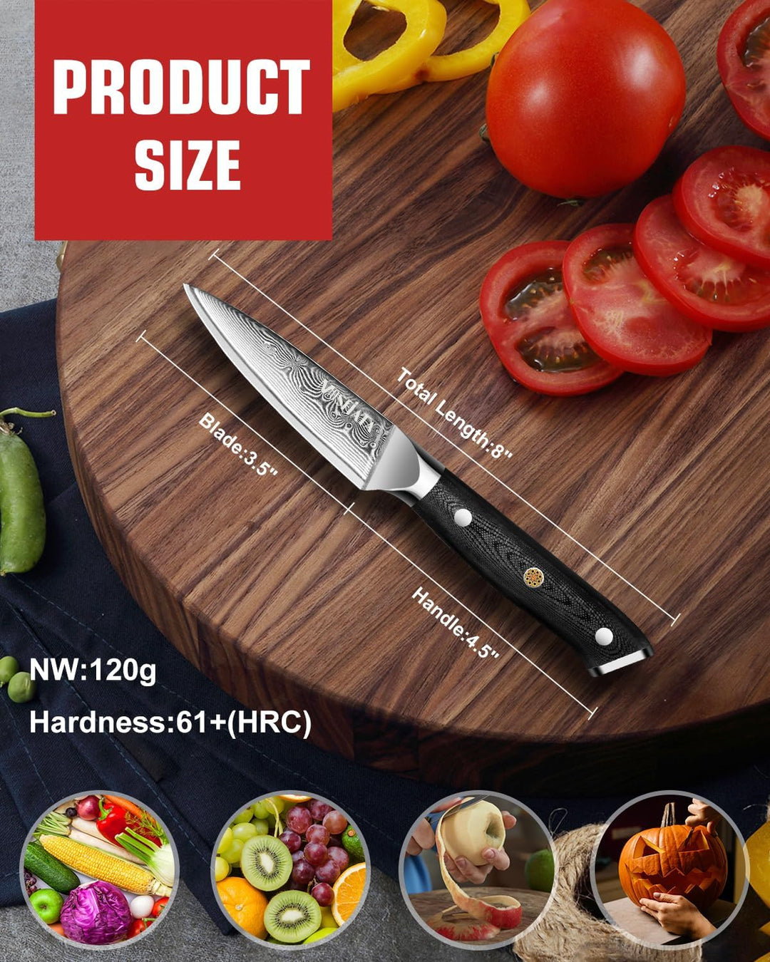 MOSFiATA 3,5 Zoll Damast Schälmesser Obstmesser Scharf Gemüsemesser, VG10 Damaszener Stahl, Geschenk