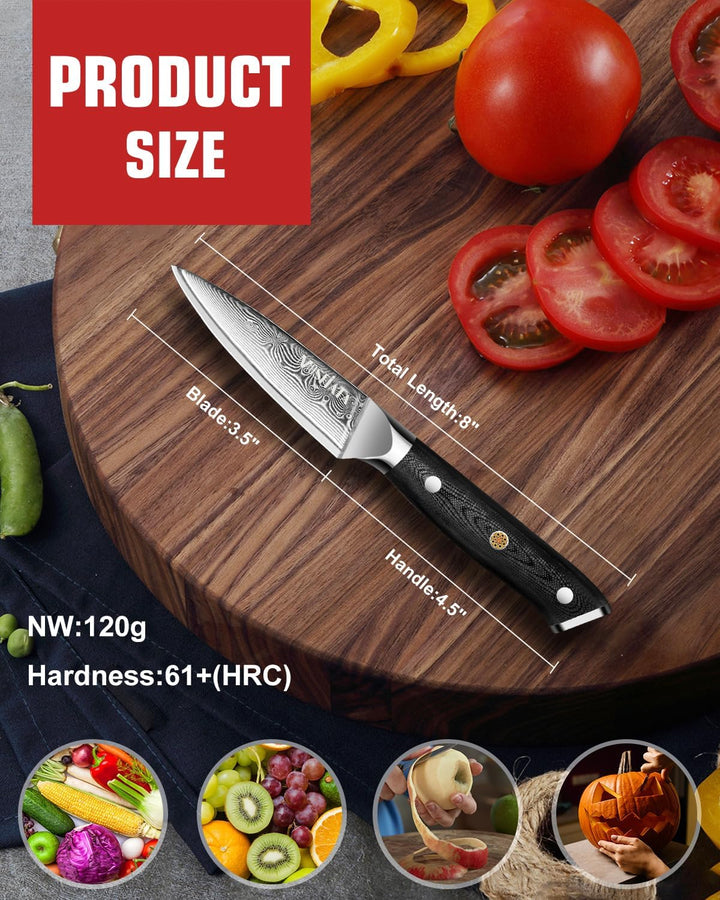 MOSFiATA 3,5 Zoll Damast Schälmesser Obstmesser Scharf Gemüsemesser, VG10 Damaszener Stahl, Geschenk