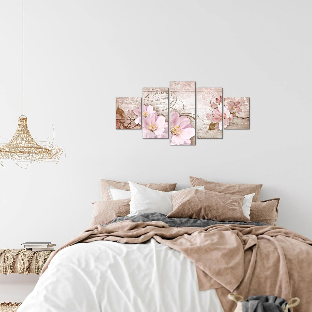 Runa Art Wandbilder Vintage Blumen 5 Teilig Bild auf Vlies Leinwand Deko Wohnzimmer Holzoptik Beige