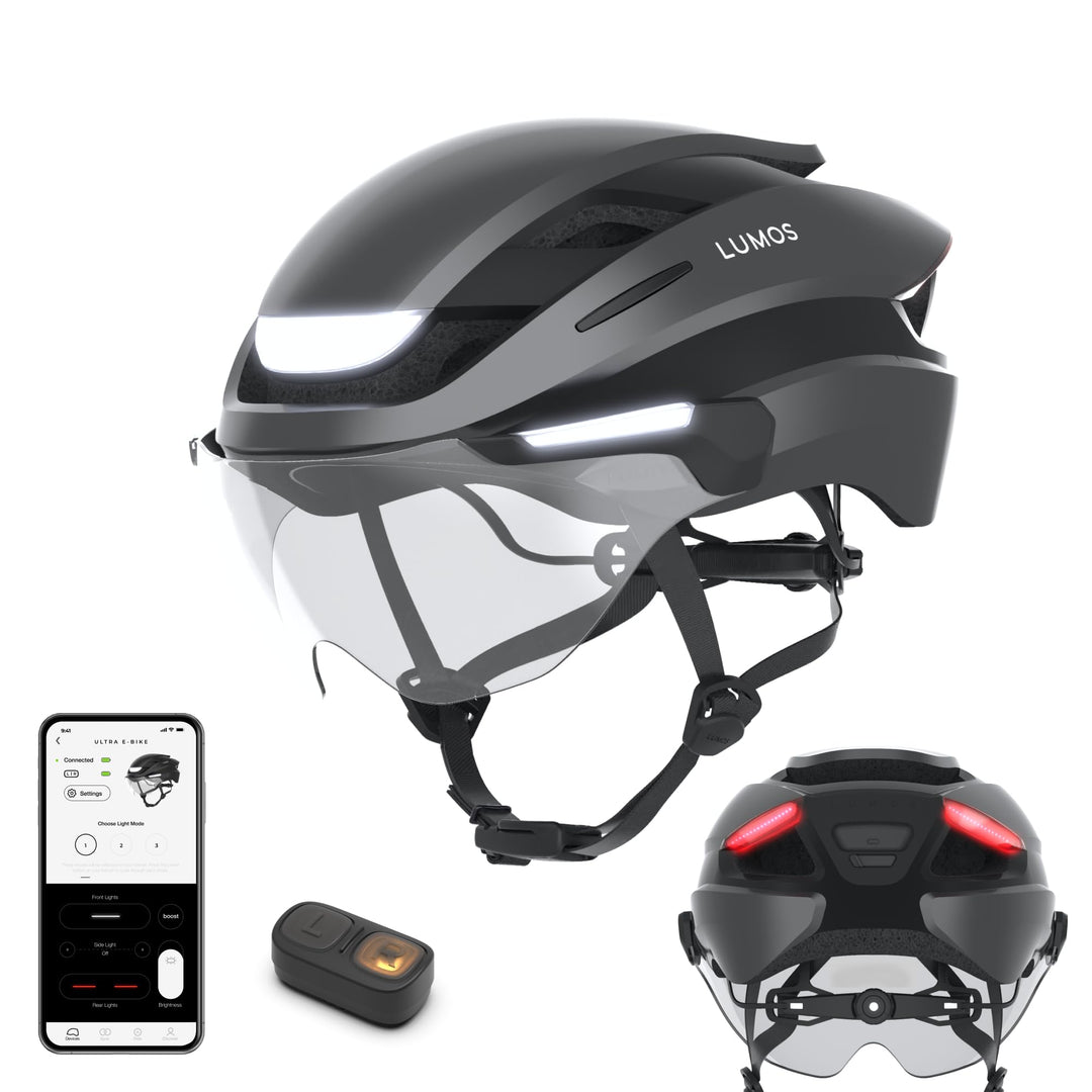 Lumos Ultra E-Bike Smart Helmet | NTA 8667 Certified | Front & Rear LED Lights | Retractable Face Sh