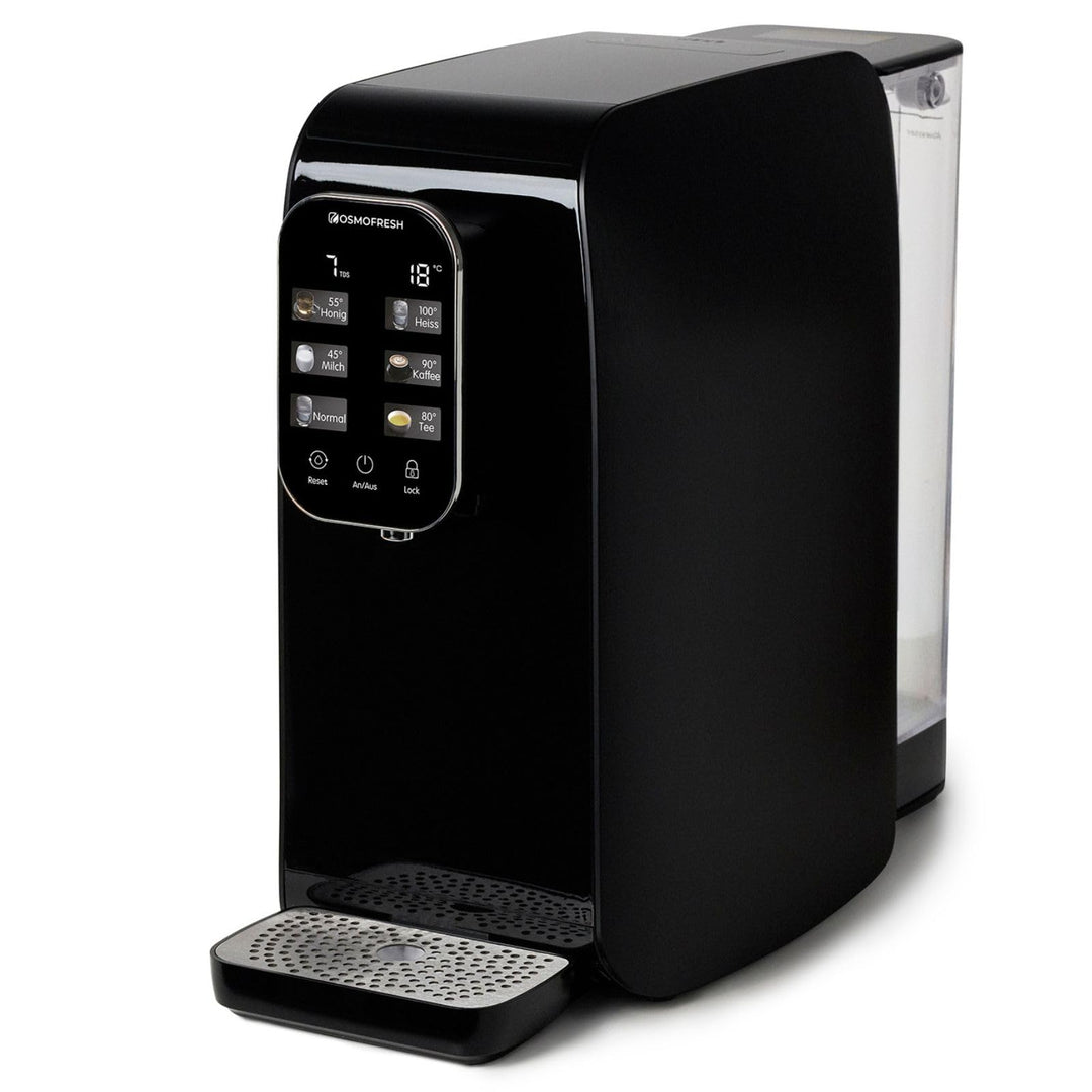 OsmoFresh® Auftisch Osmoseanlage Quella Life Black Edition mit 6 Temperaturstufen (~15-100°C) mobil