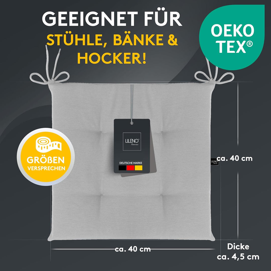 LILENO HOME 2er Set Stuhlkissen Hellgrau (40x40x4,5 cm) - Sitzkissen für Gartenstuhl, Küche oder Ess