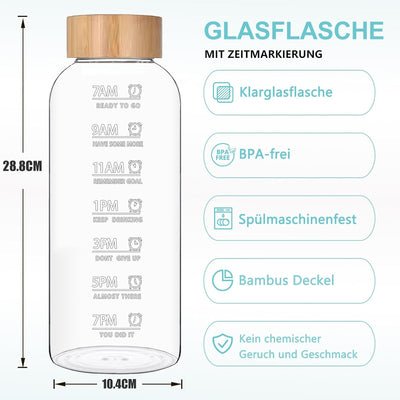 RNCKUUE 2 Liter Glasflasche, 2l Glas Trinkglasche, Wasserflasche Glas mit Neoprenhülle, Bambusdeckel