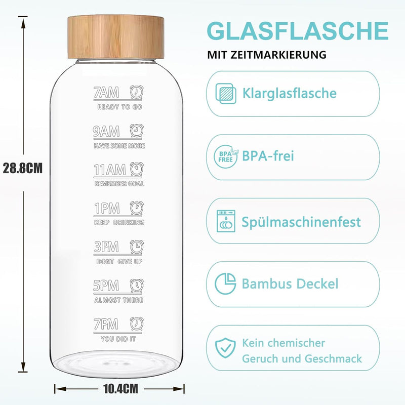 RNCKUUE 2 Liter Glasflasche, 2l Glas Trinkglasche, Wasserflasche Glas mit Neoprenhülle, Bambusdeckel
