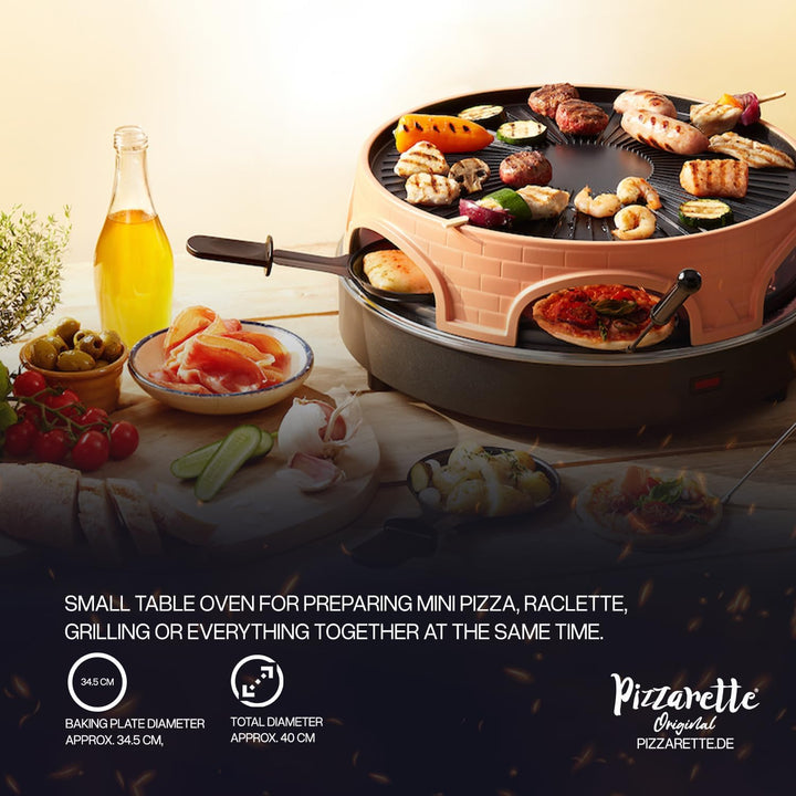 Emerio Pizzaofen, PIZZARETTE das Original, 3 in 1 Pizza-Raclette-Grill, patentiertes Design, für Min