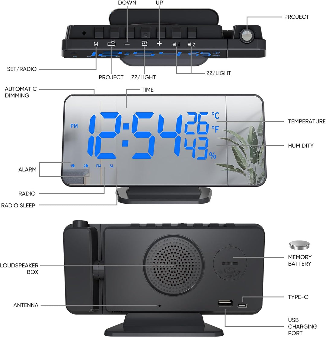 TAKRINK Wecker Digital Radiowecker mit 4 Stufen Bildschirmhelligkeit Projektionswecker mit Temperatu