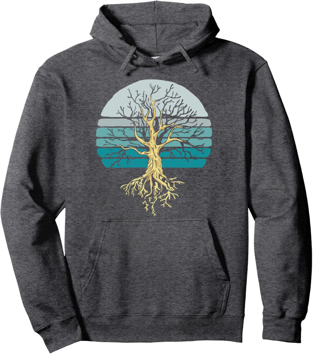 Tree & Roots with Dark 80s Sunset and Sun Pullover Hoodie