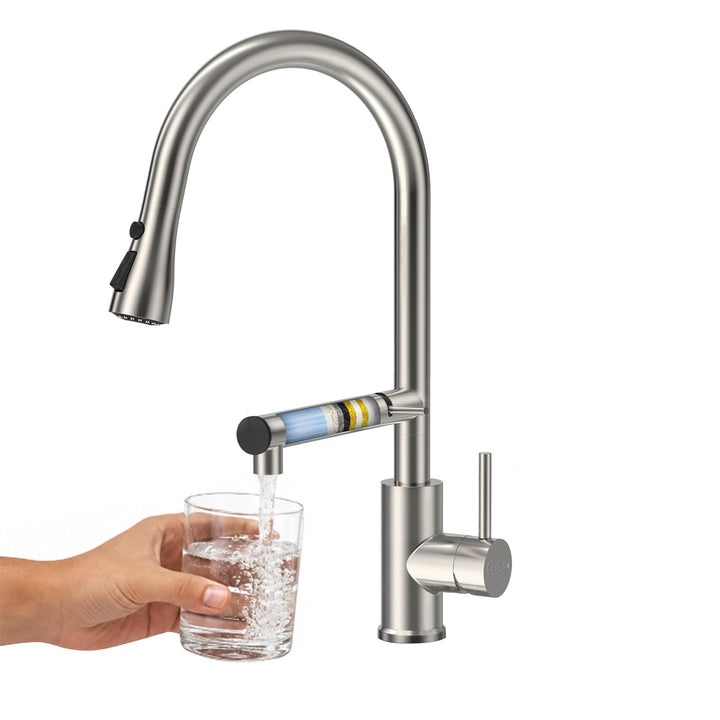 FEELSO Küchenarmatur mit Filter, 2-in-1 Wasserhahn Küche Ausziehbar mit 2 Strahlarten, 360° Drehbare