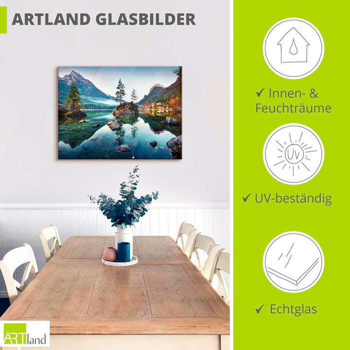 Glasbilder Wandbild Glas Bild einteilig 80x60 cm Querformat Landschaft Alpen Berge See Wald Natur Ge