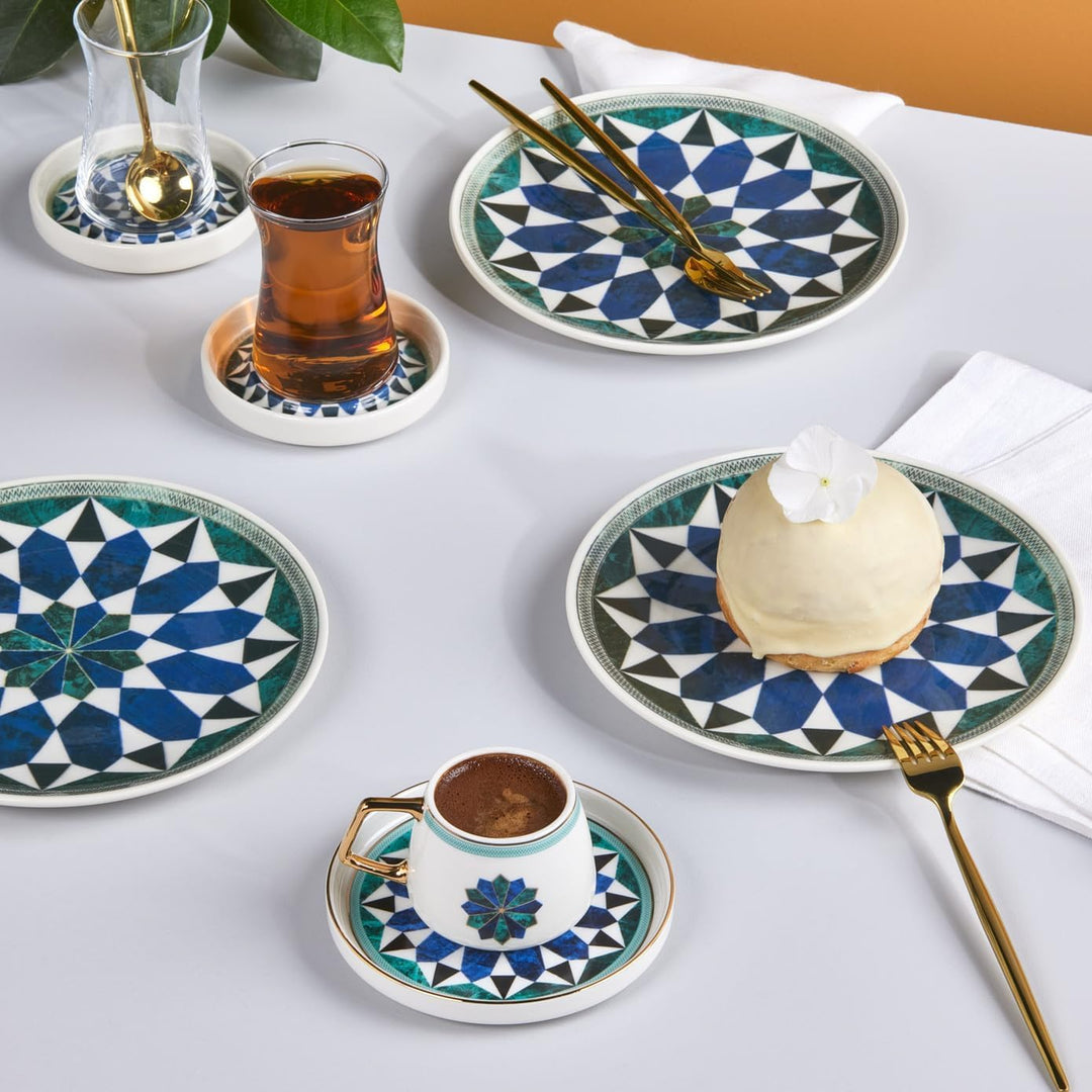 KARACA Roman 12 tlg. Keramik Teeset 10 cm - Elegantes Tee Service-Set mit 6 Teegläsern und 6 Teetell