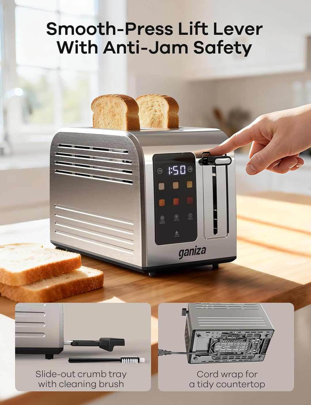 Ganiza Smart Toaster 2 Scheiben, Toaster Edelstahl mit Touchscreen, digitaler Timer, 6 Bräunungsstuf