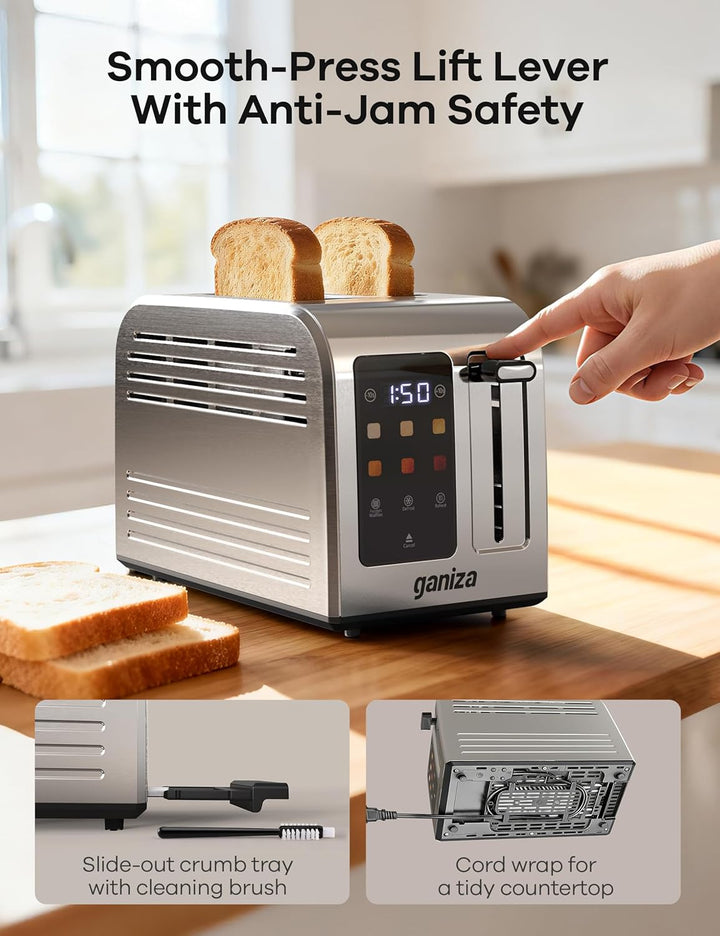 Ganiza Smart Toaster 2 Scheiben, Toaster Edelstahl mit Touchscreen, digitaler Timer, 6 Bräunungsstuf