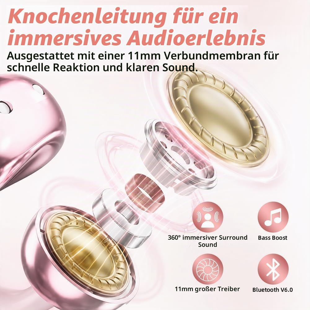 Open Ear Kopfhörer Bluetooth Kabellos, Clip-On Ohrhörer mit Bluetooth 6.0, Ladecase mit LED Kosmetik