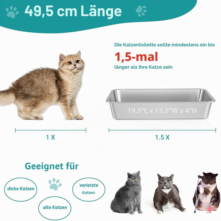 IKITCHEN Grosse Katzentoilette Edelstahl(50×35×10cm), Litter Box Katzenklo, Katzen und Kaninchen Met