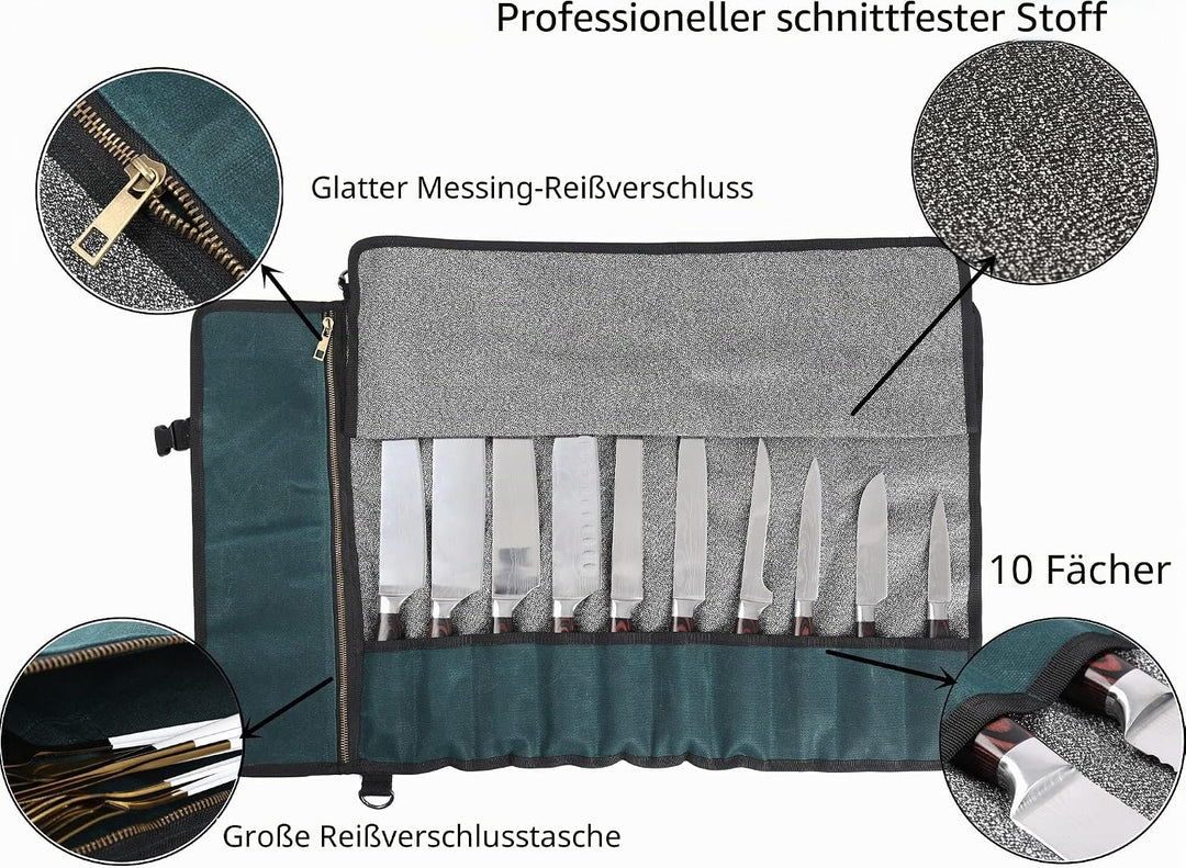 Professionelle Kochmessertasche mit schnittfestem Material, strapazierfähigem, gewachstem 16-Unzen-S