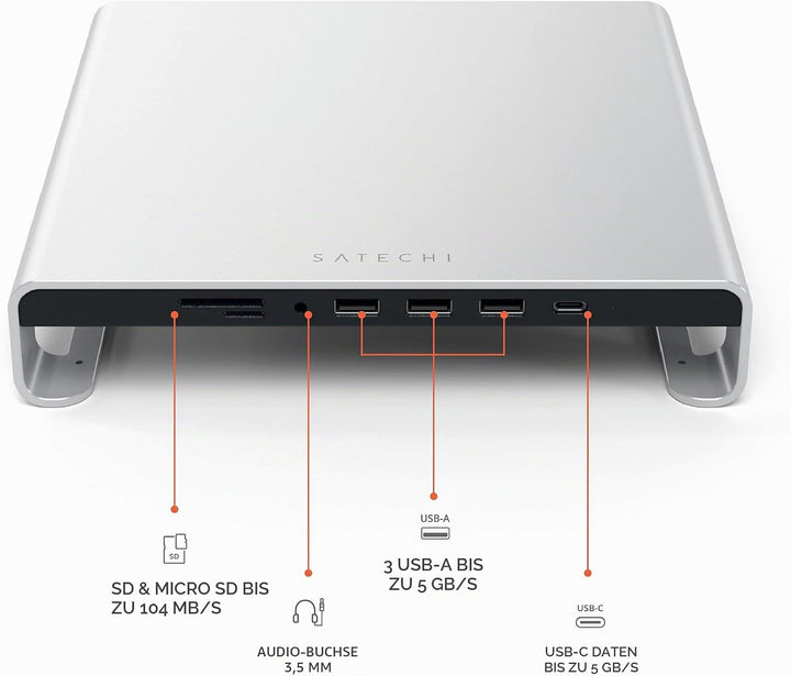 SATECHI Typ-C Aluminium Monitor Stand Hub, mit USB-C Datenport, Micro/SD-Kartensteckplätzen &amp; 3,5mm