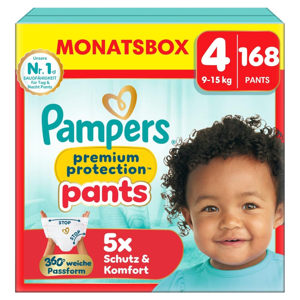 Pampers Baby Windeln Pants Grösse 4 (9-15kg) Premium Protection, Maxi mit Stop- und Schutz Täschchen