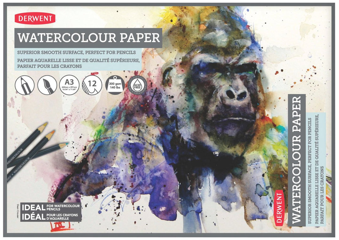Derwent A3 Aquarellpapier-Block, 12 Blatt, Säurefreies Aquarellpapier, Ideal für Wasserlösliche Stif