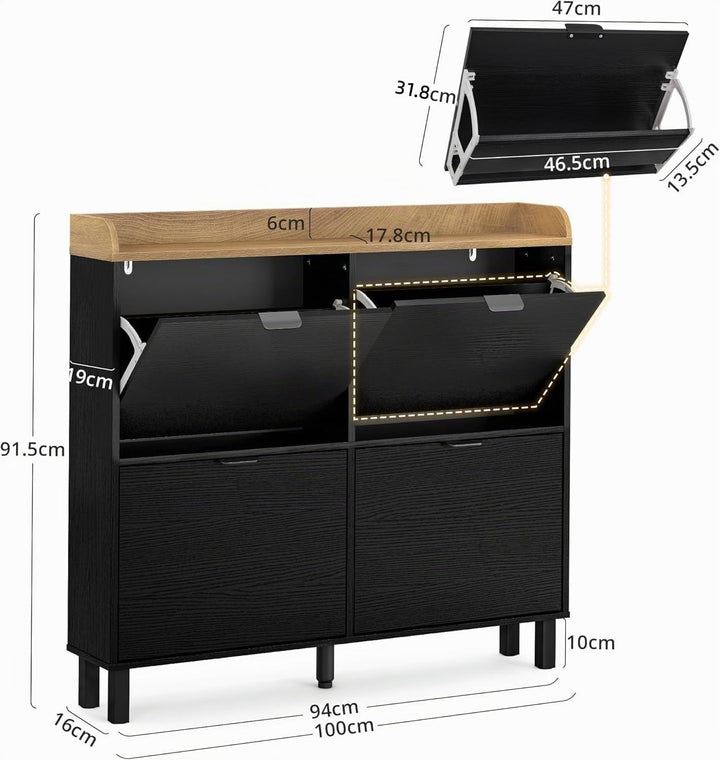 LUE BONA Schuhschrank schmal, Schuhschrank mit 4 Flip-Klappen, Schuhkipper mit Holzfüssen, Schuhrega