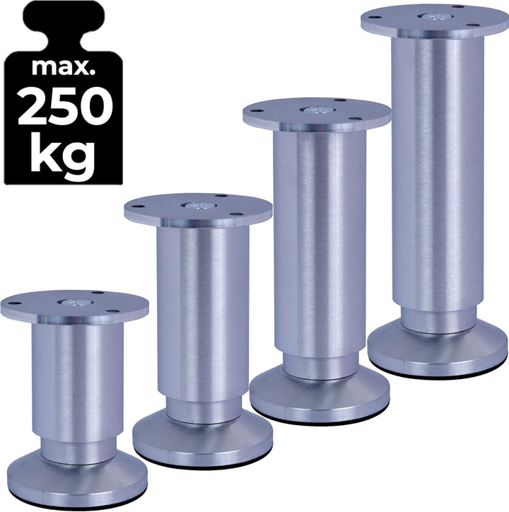 Stahlia Möbelfüsse verstellbar (4er Set) 12cm Höhe Aluminium gebürstet Ø 38mm Schrankfüsse belastbar