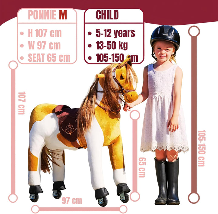 PONNIE Einhorn mit Rollen M (5-12 Jahre), Unicorn zum Reiten mit Abnehmbarer Braun Sattel und Halfte
