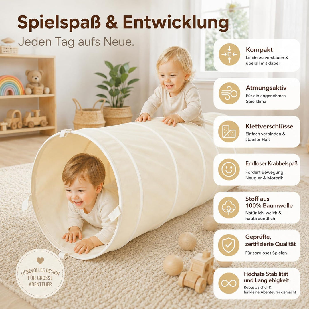 LIONHERZ® Spieltunnel für Kinder aus 100% Baumwolle mit Klettverschlüssen | Krabbeltunnel für Baby [