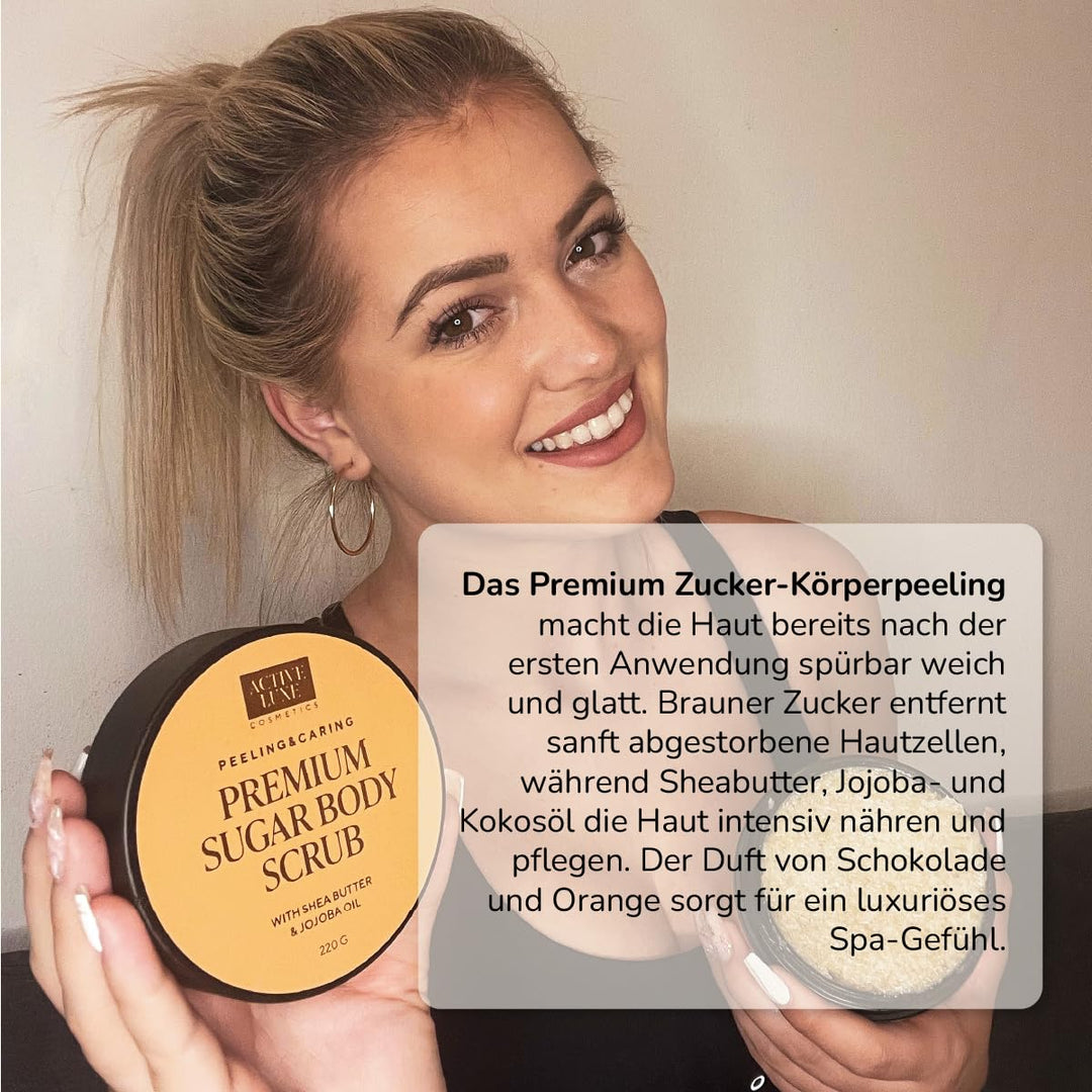 Active Luxe Premium Sugar Scrub – Zuckerpeeling Körper mit Schokolade & Orange Duft für weiche Haut