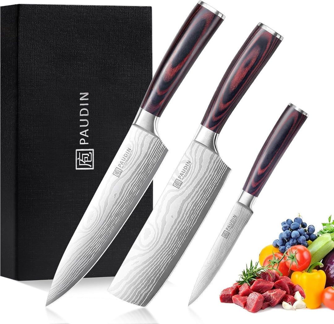 PAUDIN Küchenmesser Set, 3-tlg Messerset aus hochwertigem Carbon Edelstahl, Ultra Scharfes Messer se