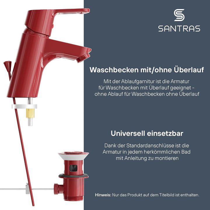 SANTRAS® Waschtischarmatur für das Bad mit Zugstange in Rot – Einhebel-Mischarmatur warm kalt für ei