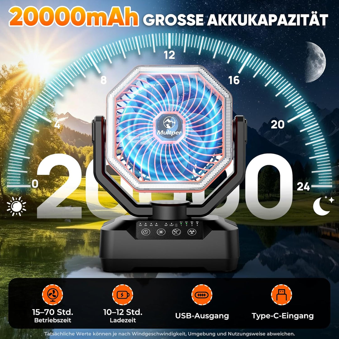 Multper 20000mAh Akku Camping Ventilator mit Fernbedienung & LED Licht, USB Ventilator leise mit Tim