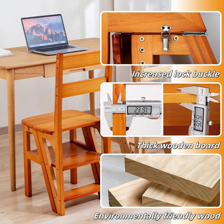 3-in-1 Holz Tritthocker Klappbar, 4 Stufen Leiterstuhl Multifunktionaler Klapptritt als Hocker &amp; Lei