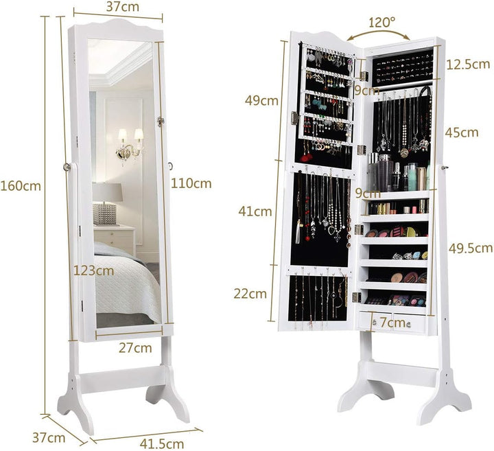 DREAMADE Schmuckschrank mit 14 LED Leuchten, abschliessbares Schmuckregal mit Ganzkörperspiegel, fre