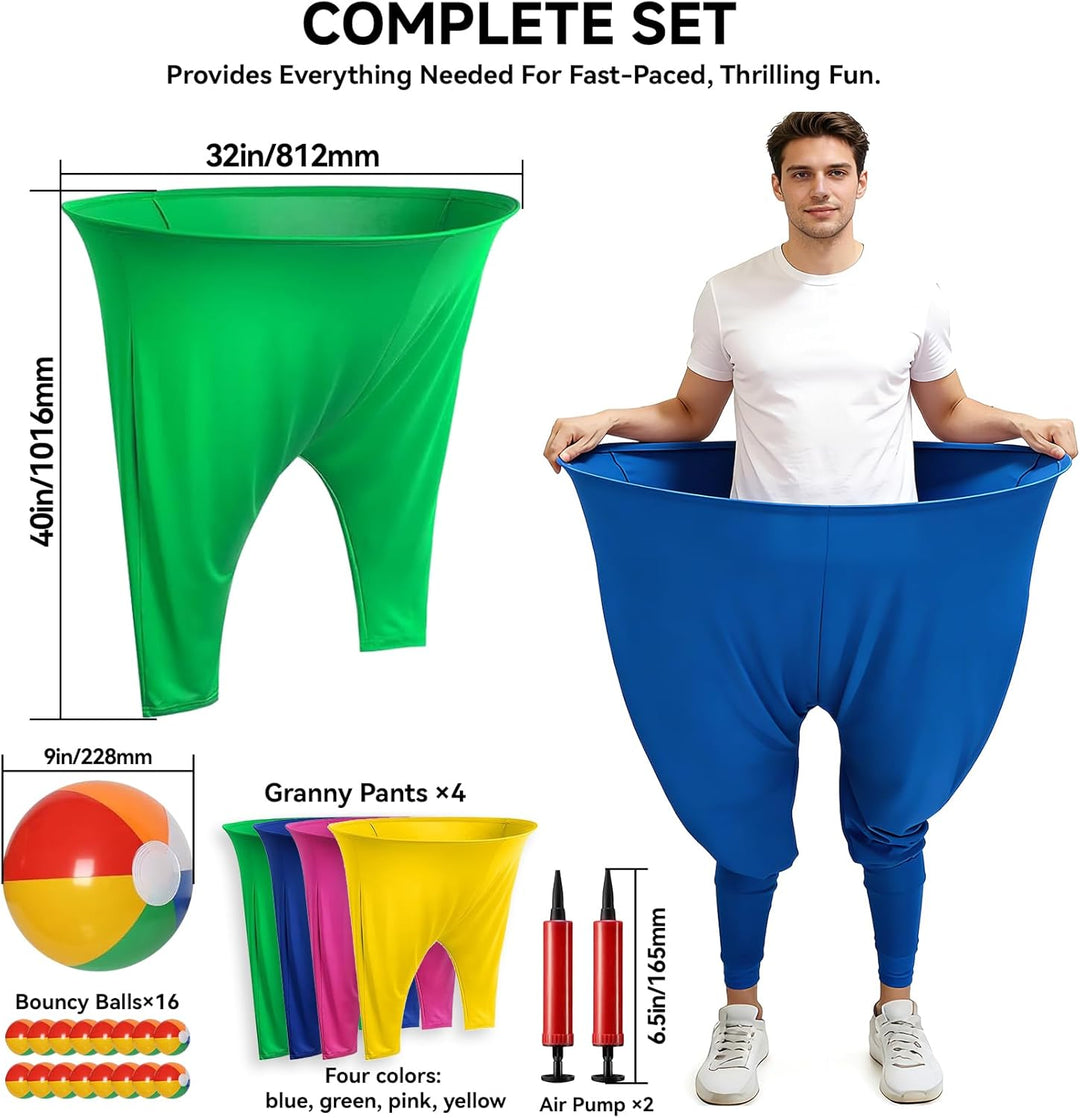 4-farbiges Team Granny Pants Hof-Spiel mit 16 Bällen und 2 Pumpen – komplettes Party-Set für Erwachs