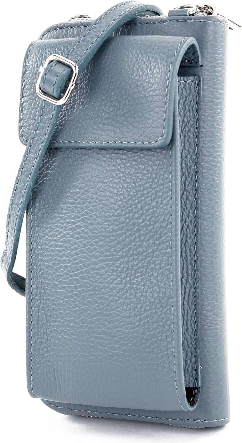 modamoda de - P06 - ital. Damen Umhängetasche Geldbörse Handytasche Leder Taubenblau, Taubenblau
