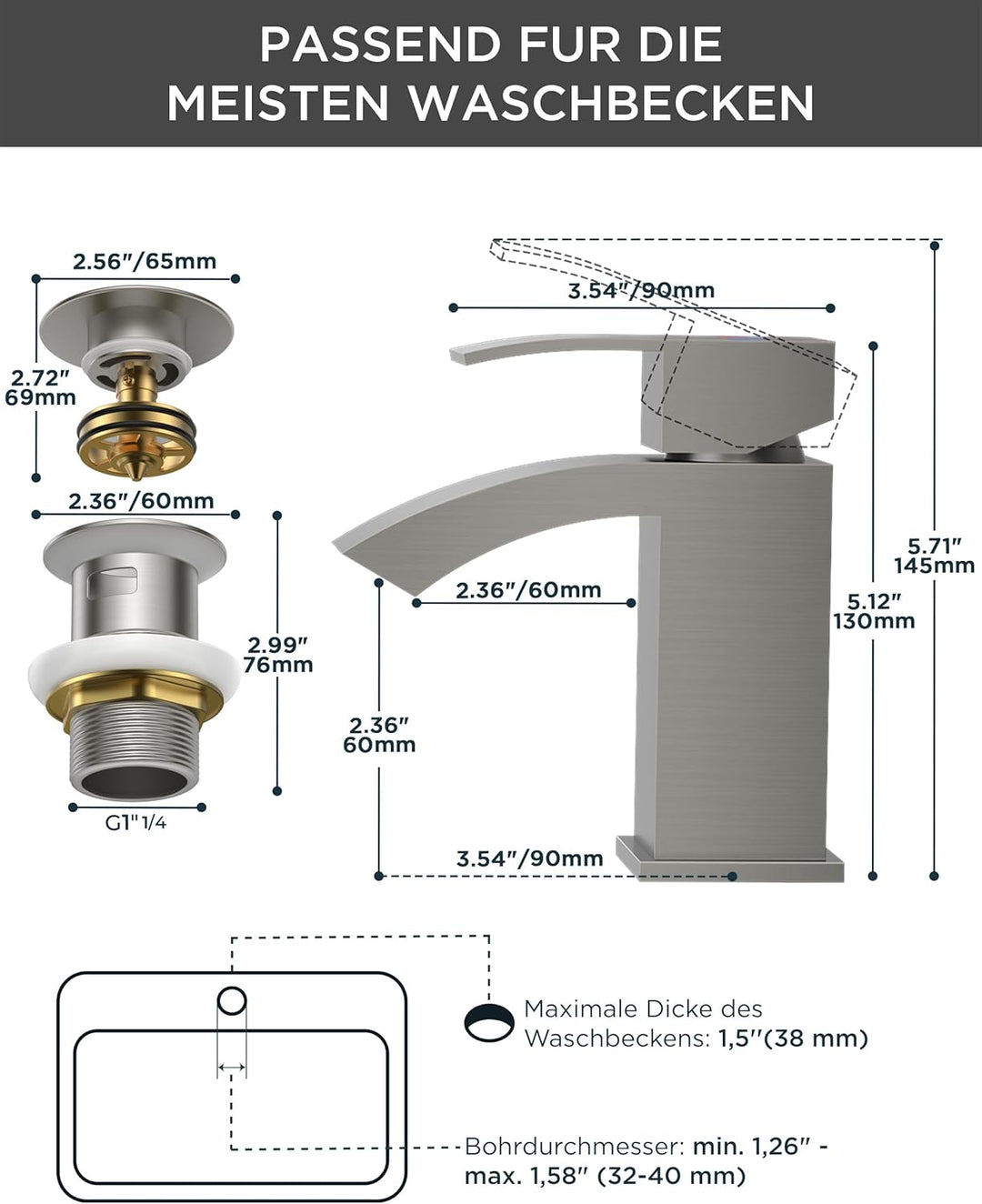 FORIOUS Wasserhahn Bad mit Ablaufgarnitur, Wasserfall Waschtischarmatur mit Auslauf Höhe 60 mm, Misc