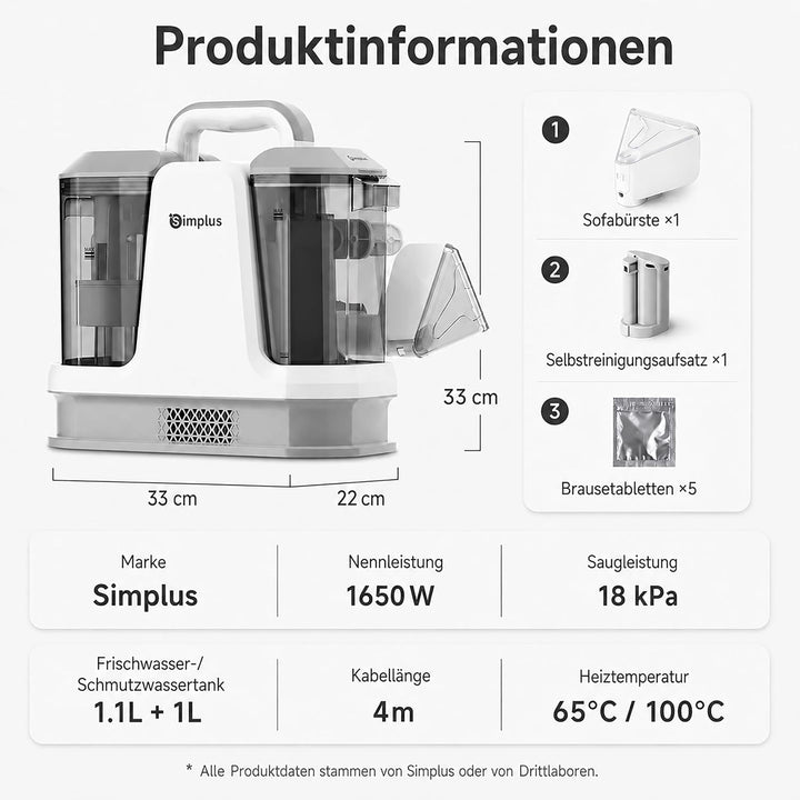 SIMPLUS Polsterreiniger Gerät, Waschsauger Teppich- &amp; Polsterreiniger mit 65°C Heisswasser/100°C Dam