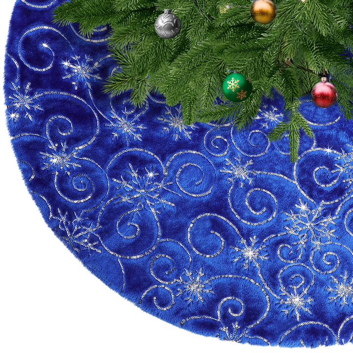 KONVINIT Blau Weihnachtsbaumdecke Plüsch Christmasbaumdecke Kunstfell Weihnachtsbaumteppich Rund Wei