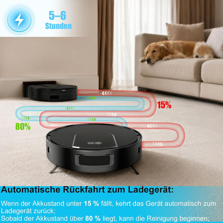 Saugroboter mit Wischfunktion, 8000Pa Starke Saugkraft Saugroboter | 5 Reinigungsmodi, Selbstauflade