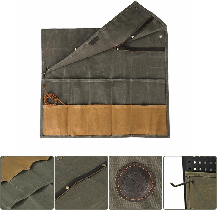 TOURBON Kochmesser-Tasche, gewachstes Segeltuch, tragbar, 10 Taschen, Messer-Aufbewahrung, Werkzeug-