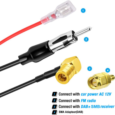 DAB Antenne, DAB+ Autoantenne mit SMB/SMA Adapter, Universeller Dach-Digitalradioempfänger-Verstärke