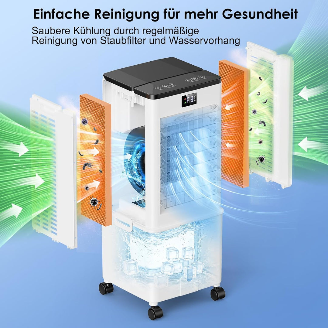Klimaanlage Mobil 10L ohne Abluftschlauch, 60W Luftkühler 4-in-1 mit 12H Timer, 4 Modi, 120°Schwenkf