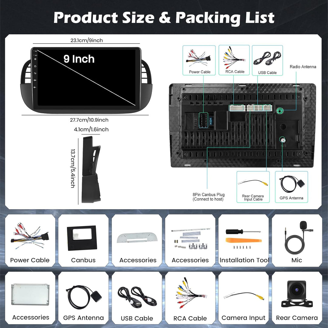 Hikity 4G+64G Autoradio Android 15 für FIAT 500 2007-2015 mit 9-Zoll-Touchscreen, Stereo 2 DIN mit W