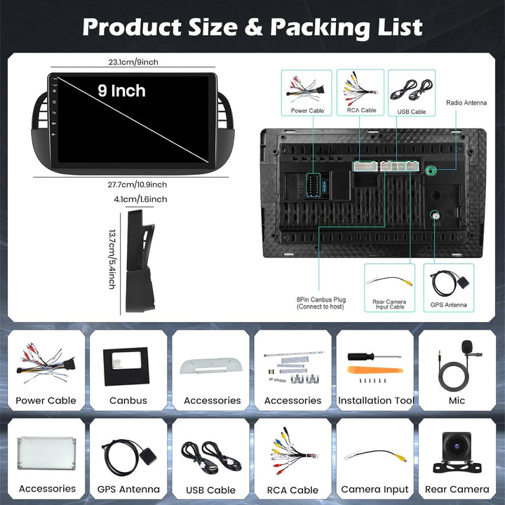 Hikity 4G+64G Autoradio Android 15 für FIAT 500 2007-2015 mit 9-Zoll-Touchscreen, Stereo 2 DIN mit W