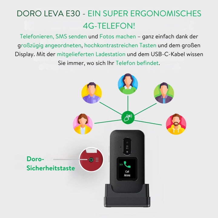 DORO Telefon – Doro Leva E30 – 4G Klapphandy für Senioren – 2,8 Zoll Display, externes Display, kont